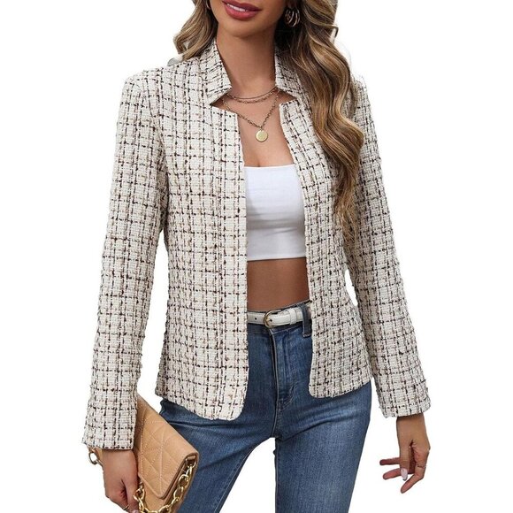 Mina Self Casual Blazer Women White Notch Collar Open Front Fashion Jacket Work - Picture 1 of 6